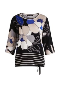 Blumenpullover in Schwarz, mit großen beigen und blauen Blumen, Dreiviertelärmel und gestreichem Saum mit einer Bindungsdetails.