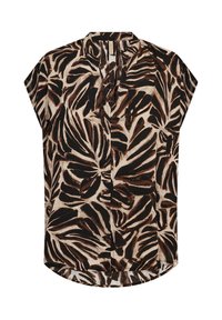 Kurzarmbluse aus einem leichten Stoff, mit einem Blattmuster in Schwarz und Braun auf einem beigen Hintergrund, im lässigen Schnitt und mit einem Reverskragen.