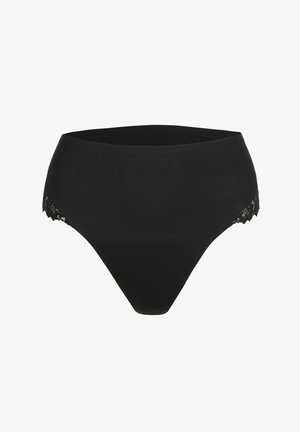 Zwart, damesondergoed met hoge taille en kanten randdetails aan de zijkanten, gemaakt van glad, rekbaar stof.