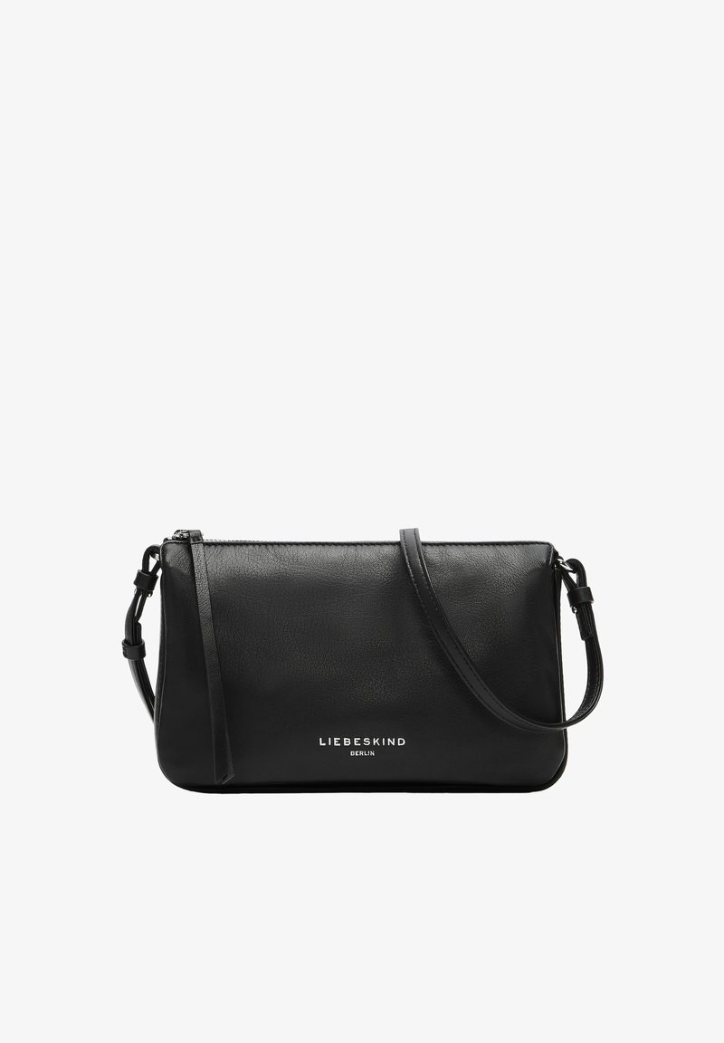 Borsa a tracolla nera in pelle con una texture liscia, chiusura con zip e tracolla regolabile. Presenta il logo "LIEBESKIND BERLIN" sul davanti.