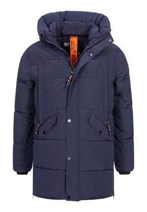 Chaqueta acolchada de color azul marino con un alto cuello, cierre de cremallera y botón, y múltiples bolsillos. Presenta un patrón acolchado y cordones ajustables.