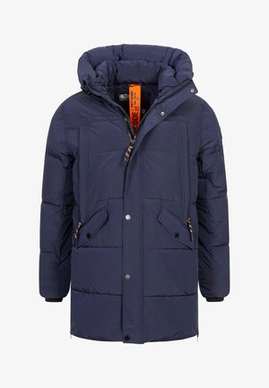 Giubbotto imbottito blu navy con colletto alto, chiusura con zip e bottoni, e molteplici tasche. Presenta un motivo trapuntato e lacci regolabili.