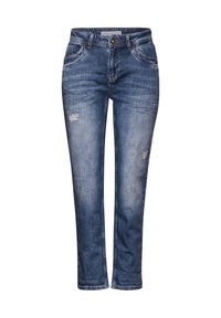 Blå denimjeans med en bleknad finish, har slitna detaljer, rak benform, fem fickor och knappstängning.