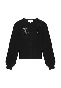 Zwarte cardigan met lange mouwen, gebreide textuur, voorzien van strassversieringen van glas en verspreide steentjes, ronde halslijn, knoopsluiting.