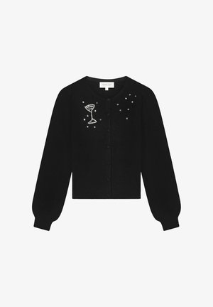 Black cardigan with long sleeves, knitted texture, featuring rhinestone embellishments of a glass and scattered stones, round neckline, button closure.