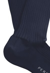 Calzini a coste navy realizzati in morbido tessuto, con punta e tallone rinforzati, e la parola "PERFORMANCE" stampata in argento sulla suola.