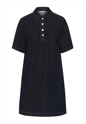 Donker denim jurk met korte mouwen, een kraag, vier zilveren knopen aan de voorkant, contrasterende stiksels en een ontspannen silhouet.