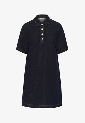 Robe en jean foncé à manches courtes avec col, quatre boutons argentés sur le devant, surpiqûres contrastées et silhouette décontractée.