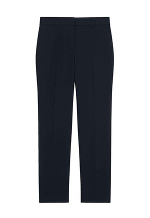 Tummansinisiä juhlapö trousers, jotka on valmistettu sileästä kankaasta. Niissä on suora leikkaus, kaksi etupleatia ja klassinen vyötärö. Ei näkyviä kuvioita tai yksityiskohtia.