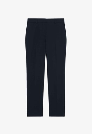 Navy dress pants made of smooth fabric, featuring a straight cut, two front pleats, and a classic waistband. No visible patterns or accents.
