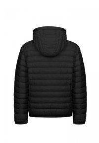 Giacca a vento nera, imbottita, con cappuccio, caratterizzata da un design a righe orizzontali, texture liscia, polsini elasticizzati e orlo che si ferma in vita.