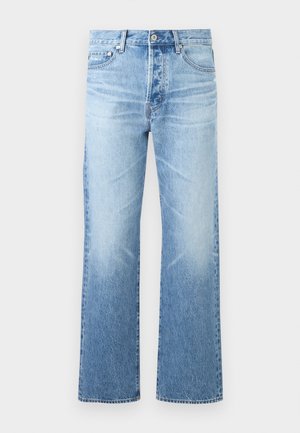 Light blue denim jeans with a straight-leg fit, five-pocket design, button closure, and subtle fading on thighs and knees.