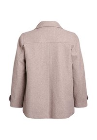 Brown woolen jacket with a classic collar, long sleeves, and a straight cut. Features subtle stitching along the back for additional detail.