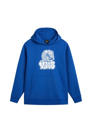 Sudadera con capucha azul hecha de mezcla de algodón, con un bolsillo canguro, capucha con cordón y un gráfico blanco de una serpiente en el centro.