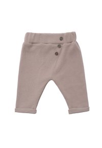 Beige gerippte Kleinkinderhosen mit einem weichen Bund, zwei braunen Knopf-Akzenten und umgeschlagenen Säumen am Knöchel. Glatte Textur.