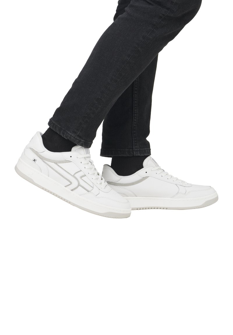 White sneakers with textured leather and mesh accents, featuring a low-profile design, round toe, and a light rubber sole.