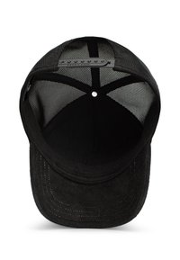 Schwarze Kappe mit glattem Stoff auf der Außenseite und Mesh-Innenfutter, mit einer abgerundeten Krempe und verstellbarem Snapback-Verschluss.