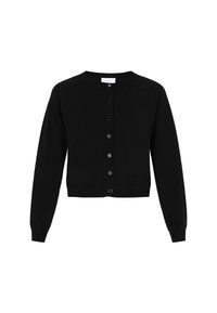 Mustat neuletakki, kevyt neulomateriaali, pyöreä pääntie, pitkät raglan-hihat, nappisuljenta, ribbaus helmassa ja hihoissa, minimalistinen muotoilu.