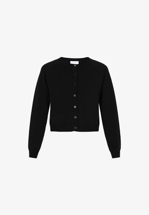 Zwarte cardigan, lichtgewicht brei materiaal, ronde halslijn, lange raglanmouwen, knoopsluiting, geribbelde zoom en manchetten, minimalistisch ontwerp.