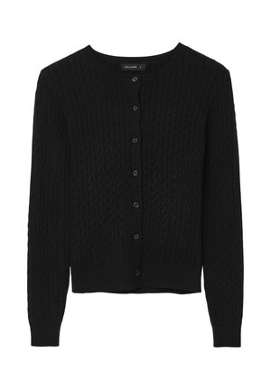 Cardigan nero lavorato a maglia con un motivo a trecce testurizzato, scollo rotondo, maniche lunghe e sei bottoni frontali per la chiusura.