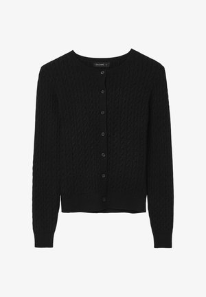 Schwarze gestrickte Strickjacke mit einem strukturierten Zopfmuster, runder Ausschnitt, langen Ärmeln und sechs vorderen Knöpfen zum Schließen.