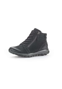 Black high-top shoes made of textured suede and leather, featuring a zipper detail, laces, and a flexible rubber sole.