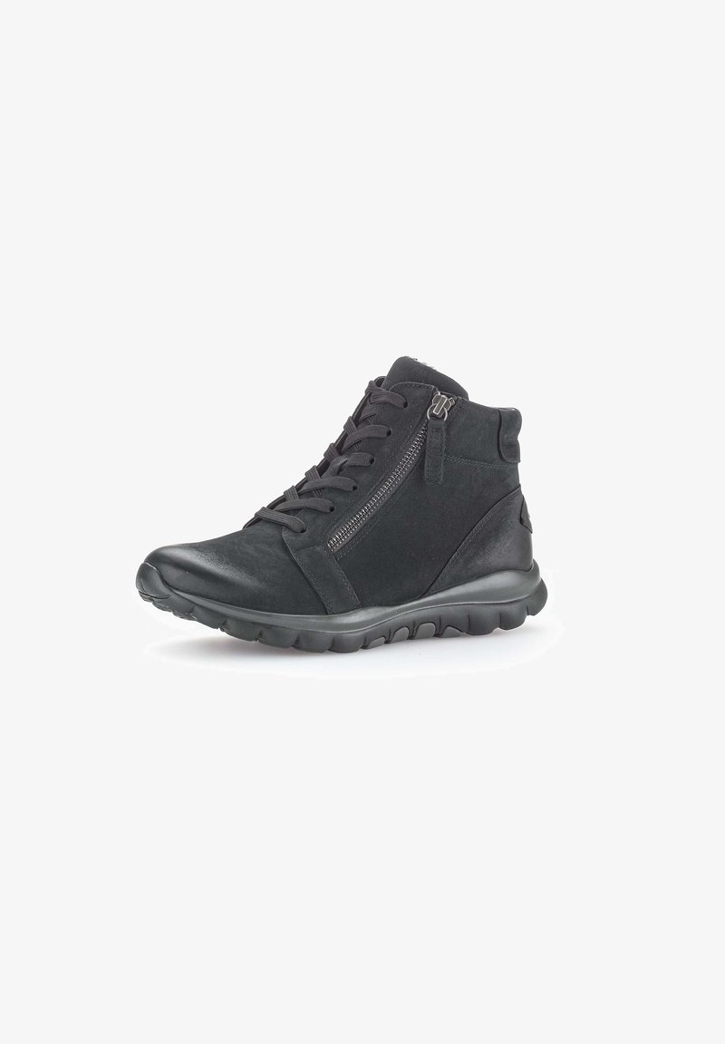 Zwarte hoge schoenen van gestructureerd suede en leer, met een ritsdetail, veters en een flexibele rubberen zool.