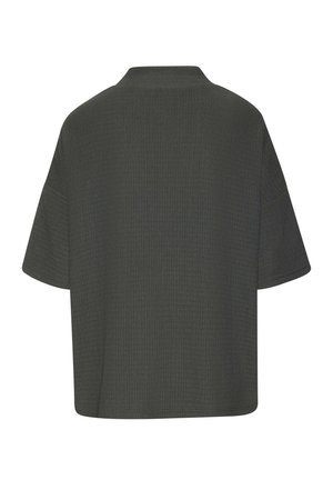 Dunkelgraues gestricktes Kurzarmtop mit hohem Rundhalsausschnitt und lockerem Sitz, von hinten vor weißem Hintergrund gezeigt.