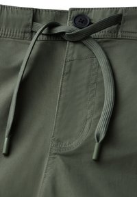 Olive green fabric shorts with a smooth texture, featuring a drawstring waist with plastic tips and a button closure.