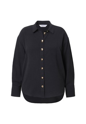 Dunkel oversized Button-up-Hemd mit Kragen und dekorativen goldenen Knöpfen auf der Vorderseite, strukturiertem Stoff und geschwungenem Saum.