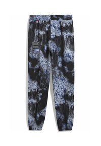 Sorte og blå mønstrede sweatpants med en blød tekstur, elastisk talje og en sidelomme med cargo-stil, der har et labeldetalje.
