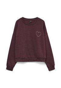 Bordeauxrode sweatshirt met een cropped ontwerp, brede mouwen en een ronde halslijn. Heeft een hartje gemaakt van kleine studs op het linkerborstgebied.