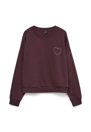 Bordeauxrode sweatshirt met een cropped ontwerp, brede mouwen en een ronde halslijn. Heeft een hartje gemaakt van kleine studs op het linkerborstgebied.