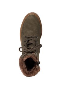 Braune Wildleder-Stiefelette mit runder Spitze, weichem Fellfutter und braunen Schnürsenkeln. Verfügt über eine strukturierte Sohle und einen Reißverschluss.