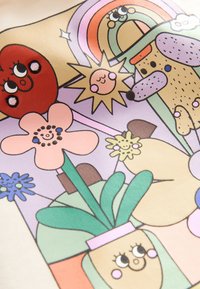 Colorful illustration featuring whimsical characters, flowers, and a rainbow. Predominant colors include pastel shades of pink, green, and yellow.