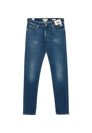 Blauwe denim jeans met voorzakken, knoopsluiting en maat 34 label aan de taille bevestigd.