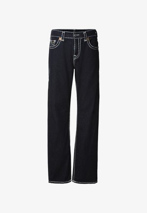 Černé džíny z denimu s přímými nohavicemi, bílým prošitím, pěti kapsami a zapínáním na knoflíky. Materiál působí pevně se hladkou texturou.