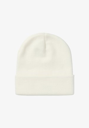 Berretto lavorato a maglia bianco con risvolto, morbido al tatto e senza cuciture sulla parte superiore. Forma classica adatta per l'uso in condizioni di freddo.