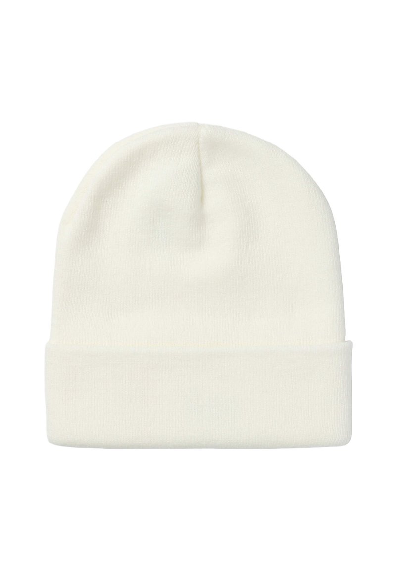 Biała dzianinowa czapka beanie z podwiniętym brzegiem, o miękkiej fakturze i bezszwowej górze. Klasyczny kształt, idealny do noszenia w chłodnych warunkach.