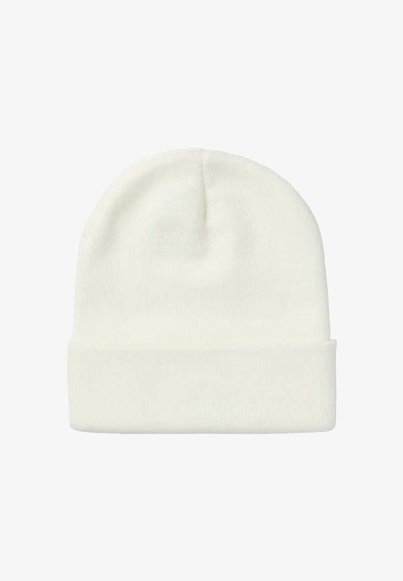 Biała dzianinowa czapka beanie z podwiniętym brzegiem, o miękkiej fakturze i bezszwowej górze. Klasyczny kształt, idealny do noszenia w chłodnych warunkach.