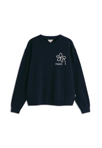 Pullover blu navy in misto cotone, con un motivo floreale ricamato bianco sul lato sinistro del petto. Collo e polsini a coste.