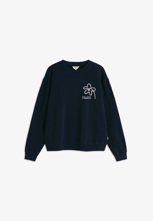 Navyblauwe sweatshirt van een katoenmengsel, met een wit geborduurd bloemenontwerp op de linkerborst. Geribbelde halslijn en manchetten.