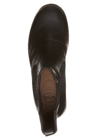 Bottine en cuir noir avec panneaux latéraux élastiques, bout arrondi et intérieur marron. Présente une texture lisse et un détail de couture minimal.