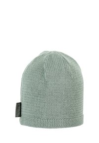 Knit beanie in a muted green color. Features a ribbed cuff and a small branded tag on the side. Smooth texture with a fitted design.