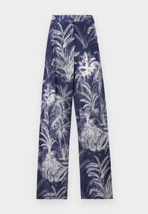 Navy wijde pijpen broek met een witte palmbladerenprint, gestructureerde tailleband en zachte textuur. Verfraaid met gestructureerde accenten overal.