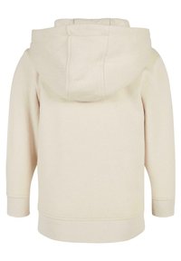 Beige kapucnis pulóver sima textúrával, bordázott mandzsettákkal és alsó résszel, egyszerű dizájnnal és egy nagy, kerek kapucnival a hátsó részen.