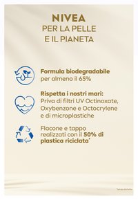Etichetta del prodotto NIVEA su uno sfondo beige chiaro. Le caratteristiche principali includono formula biodegradabile, informazioni sul filtro UV e dettagli sulla plastica riciclata.