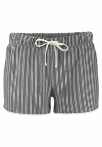 Gray-striped shorts made of soft material. Features an elastic waistband with a light drawstring, and white trim along the hems.