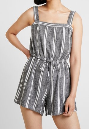 Grijs gestreepte romper met brede schouderbanden, een vierkante halslijn, een elastische tailleband en losvallende shorts. Gemaakt van gestructureerde stof.