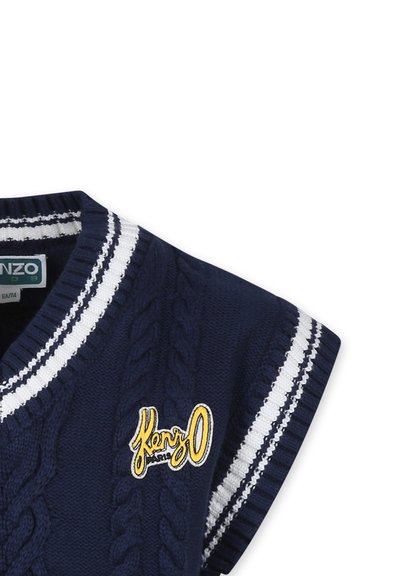 Gilet en tricot marine avec accents à rayures blanches, présentant un design en tricot torsadé et un logo brodé jaune "Kenzo Paris" sur le devant.